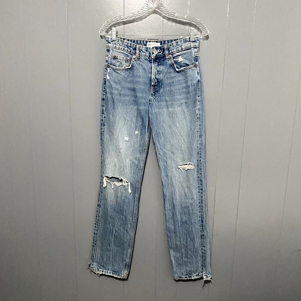 Zara Blue Medium Wash Distressed High Rise Straight Leg Classic Jeans 2